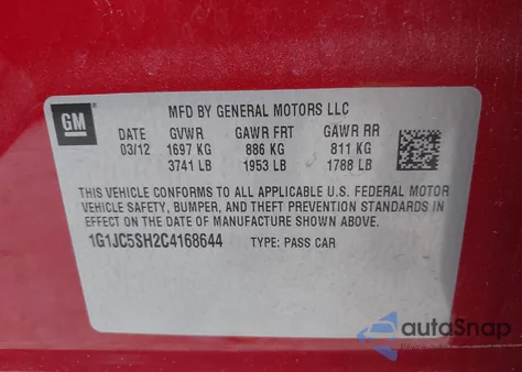 2012 Chevrolet Sonic 2Lt z USA, uszkodzony, nr VIN 1G1JC5SH2C4168644